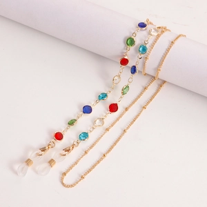 Chaîne de lunettes dorée avec perles de cristal colorées et boucles silicone