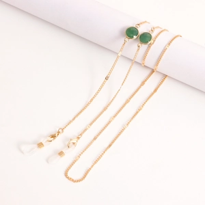 Chaîne de lunettes dorée avec perles de zircon vert et boucles en silicone souple