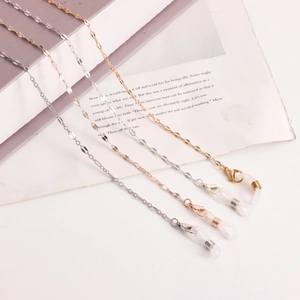 Detailed set of four metallic eyeglass chains in gold, silver, rose gold, and gunmetal finishes