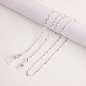 Polished silver metal eyeglass chain with lobster clasps and clear silicone loops