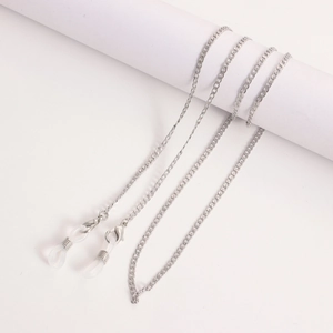 Silver metal chain for glasses and masks with anti-slip silicone loops on white display