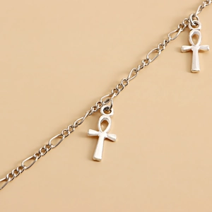 Silver punk Figaro chain waist belt with geometric Ankh cross pendants for women