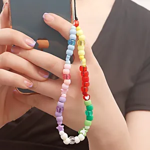 Handmade Colorful Beaded Phone Charm Strap Heart Star Shape Beads Lanyard For Women Fashion Metal Phone Accessories Gift