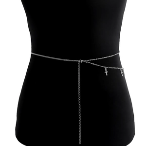 Punk style silver adjustable waist chain with geometric Ankh cross pendants for women