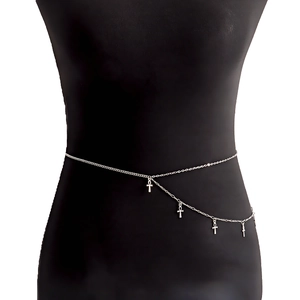 Silver punk style double layer waist chain featuring Ankh cross pendants on a black mannequin