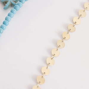 Close-up of bohemian gold metal disc chain with minimalist round sequin links detail