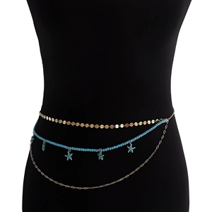 Bohemian Multi Layer Waist Chain For Women Gold Alloy Starfish Pendant Artificial Turquoise Beads Beach Body Jewelry