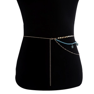 Bohemian multilayer gold waist chain with turquoise beads and starfish charms for women