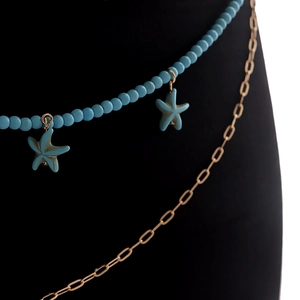Bohemian multilayered turquoise beads and starfish pendant gold metal waist chain for women