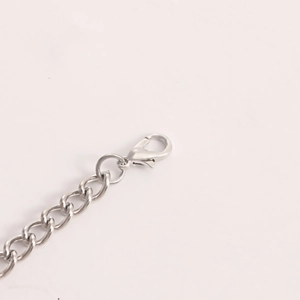 Detailed close-up of a silver metal chain with a secure lobster clasp for the necklace