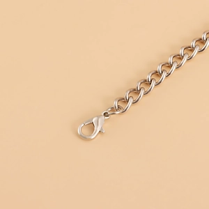 Detail of silver metal chain with a classic lobster clasp and high-gloss finish