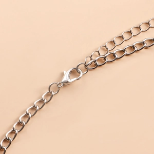 Detailed close-up of a silver lobster clasp and extension chain on a necklace