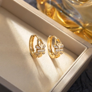 Vintage 18K Gold Plated Copper Fleur-de-lis Butterfly Hoop Earrings Zircon Inlaid Forest Style Jewelry For Women Daily Wear