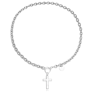Collana in argento lucido con ciondolo a croce e chiusura OT dal design moderno