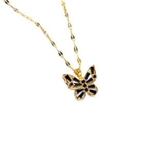 Elegant gold butterfly necklace with black zircon stones on a fine link chain for women