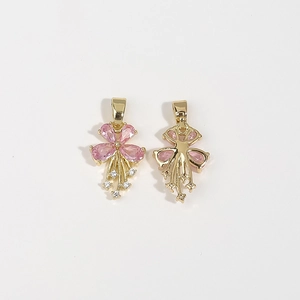 Pink teardrop crystal flower charms with gold plating and white zircon accents