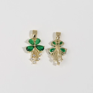 Gold clover pendant with pear-shaped green stones and white crystal drops, front and back view