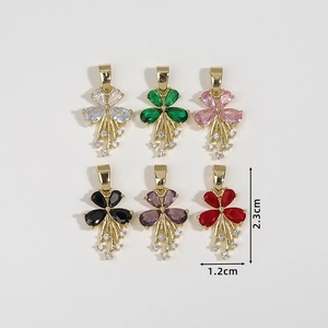 Floral pendant set with teardrop colorful zircons and golden tassels in 2x3 layout