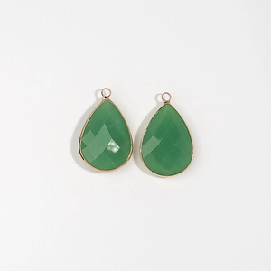 Pair of faceted green gemstone waterdrop pendants with gold plated edges for DIY jewelry