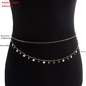 Gold double-layered waist chain with butterfly pendants and sparkling rhinestones for women
