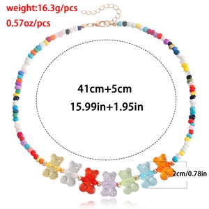 Colorful beaded necklace with gummy bear pendants including size and weight specs