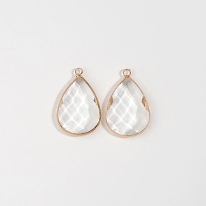 Detail showing faceted teardrop crystal charms with rose gold metal bezel for DIY jewelry