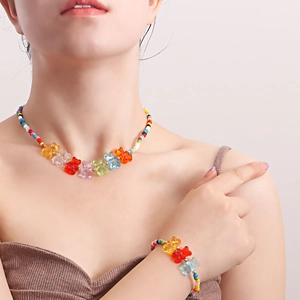 Bohemian Colorful Beaded Gummy Bear Necklace And Bracelet Alloy Resin Animal Pendant Jewelry For Women Daily Casual Style
