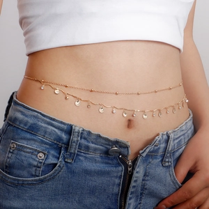 Double-layered gold waist chain with shell pendants and sparkling zircon accents for women