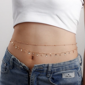 Women Gold Double Layer Waist Chain Boho Shell Rhinestone Body Chain Minimalist Adjustable Belly Chain For Beach Party Jewelry