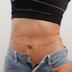 Fashion Sexy Butterfly Pendant Double Layer Waist Chain Gold Alloy Body Chain With Rhinestones For Women Beach Accessory