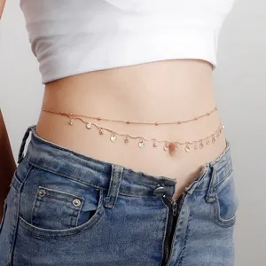 Double-layer rose gold waist chain featuring shell pendants and round zircon accents