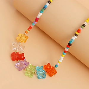 Bohemian colorful beaded necklace set with seven multi-colored resin gummy bear pendants