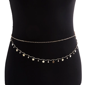 Double-layered gold metal waist chain featuring butterfly pendants and sparkling rhinestones