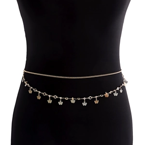 Double-layered gold body chain featuring butterfly pendants with rhinestones and black gems
