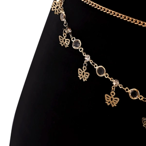 Golden butterfly fringe double-layered waist chain with black crystals for women fashion