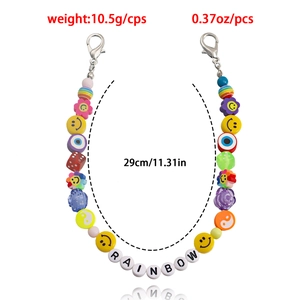 Rainbow beaded chain with smiley face and evil eye charms featuring silver lobster clasps