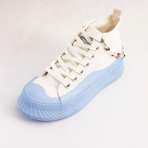 White and blue high-top canvas sneakers with Evil Eye bead charm and wavy platform sole