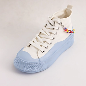 Women's high-top canvas sneakers with platform blue sole and smiley face charms