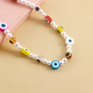 Fashionable imitation pearl and colorful evil eye bead anklet with bohemian style