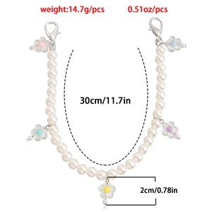 Fashionable faux pearl shoe chain with colorful flower pendants and silver lobster clasps
