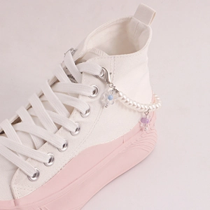Fashionable high-top canvas shoe with faux pearl and flower charm chain decoration