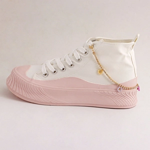 White canvas shoes with pink thick sole and flower rhinestone charms for women