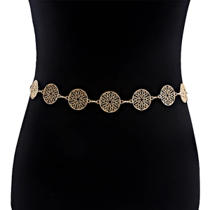 Elegant gold metal waist chain with hollow brushed circular links for dresses