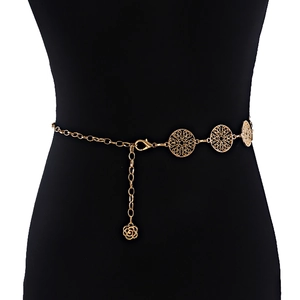 Elegant gold metal leaf belt chain with hollow round filigree and rose pendant for dresses