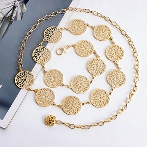 Elegant Women Metal Waist Chain Hollow Floral Link Belt With Rose Pendant Gold Silver Adjustable Decorative Belt For Dresses