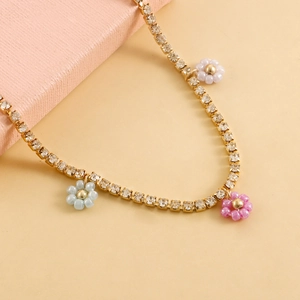 Golden rhinestone anklet with colorful daisy flower beads for summer beach style
