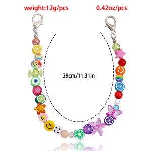 Colorful beaded shoe charm chain with fruit elements and smileys, 29cm long with lobster clasp