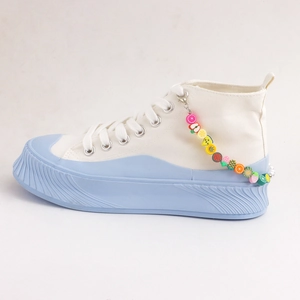 Women's high-top canvas sneakers in white and blue with creative fruit beaded chain