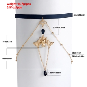 Gothic bat pendant leg chain with gold alloy tassels and black crystal beads