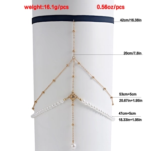Sexy elastic leg chain with gold beads and white faux pearls on a blue thigh band